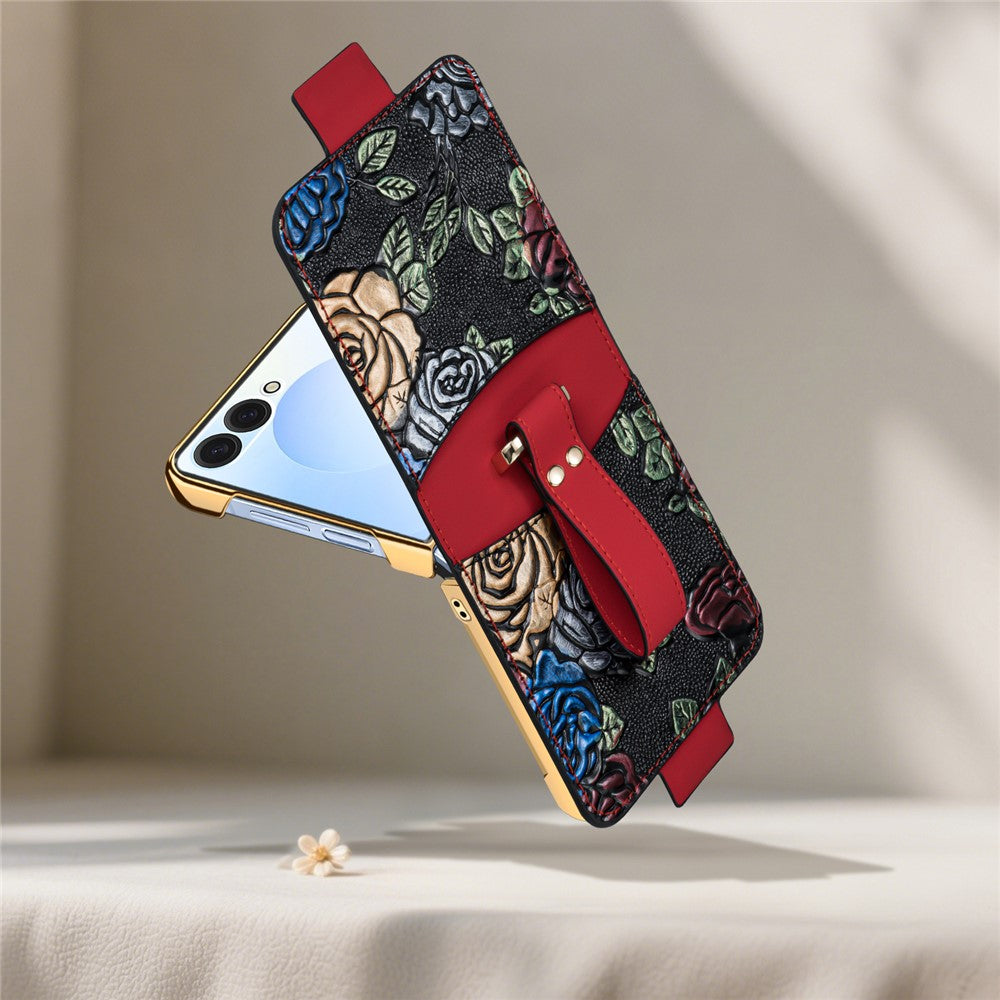 For Samsung Galaxy Z Flip7 5G Kickstand Case Flower Pattern Leather+PC Phone Cover with Back Film - Red