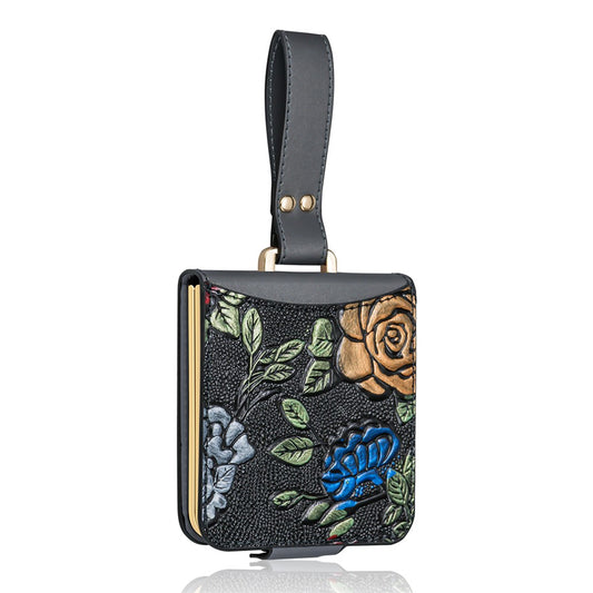 For Samsung Galaxy Z Flip7 5G Kickstand Case Flower Pattern Leather+PC Phone Cover with Back Film - Grey