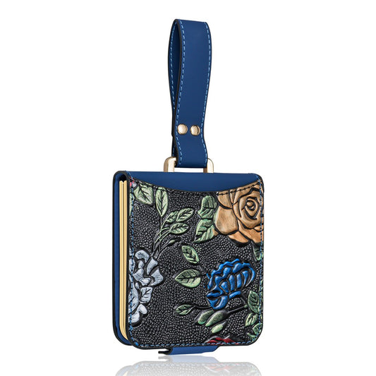 For Samsung Galaxy Z Flip7 5G Kickstand Case Flower Pattern Leather+PC Phone Cover with Back Film - Blue