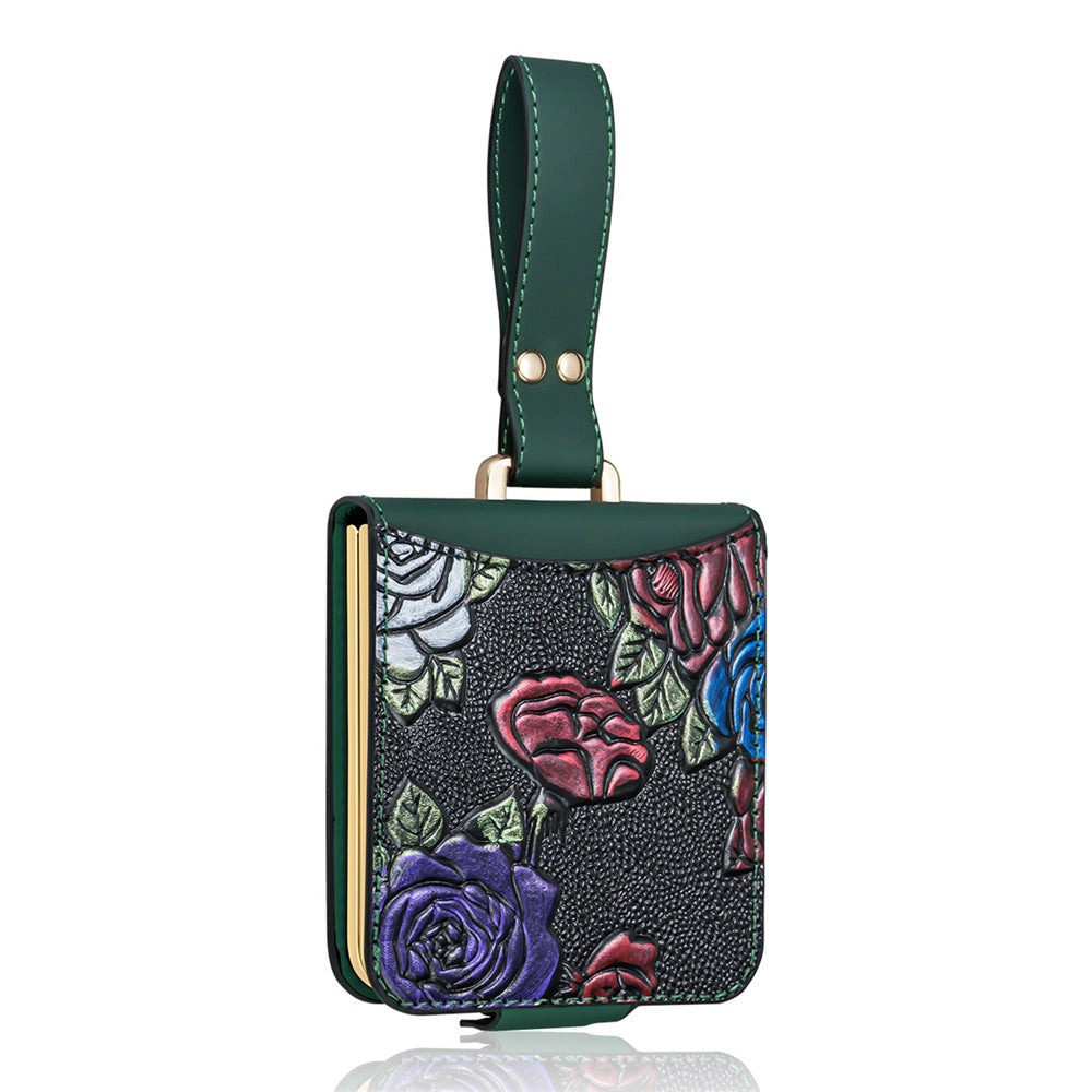 For Samsung Galaxy Z Flip7 5G Kickstand Case Flower Pattern Leather+PC Phone Cover with Back Film - Green