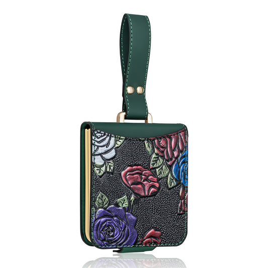 For Samsung Galaxy Z Flip7 5G Kickstand Case Flower Pattern Leather+PC Phone Cover with Back Film - Green