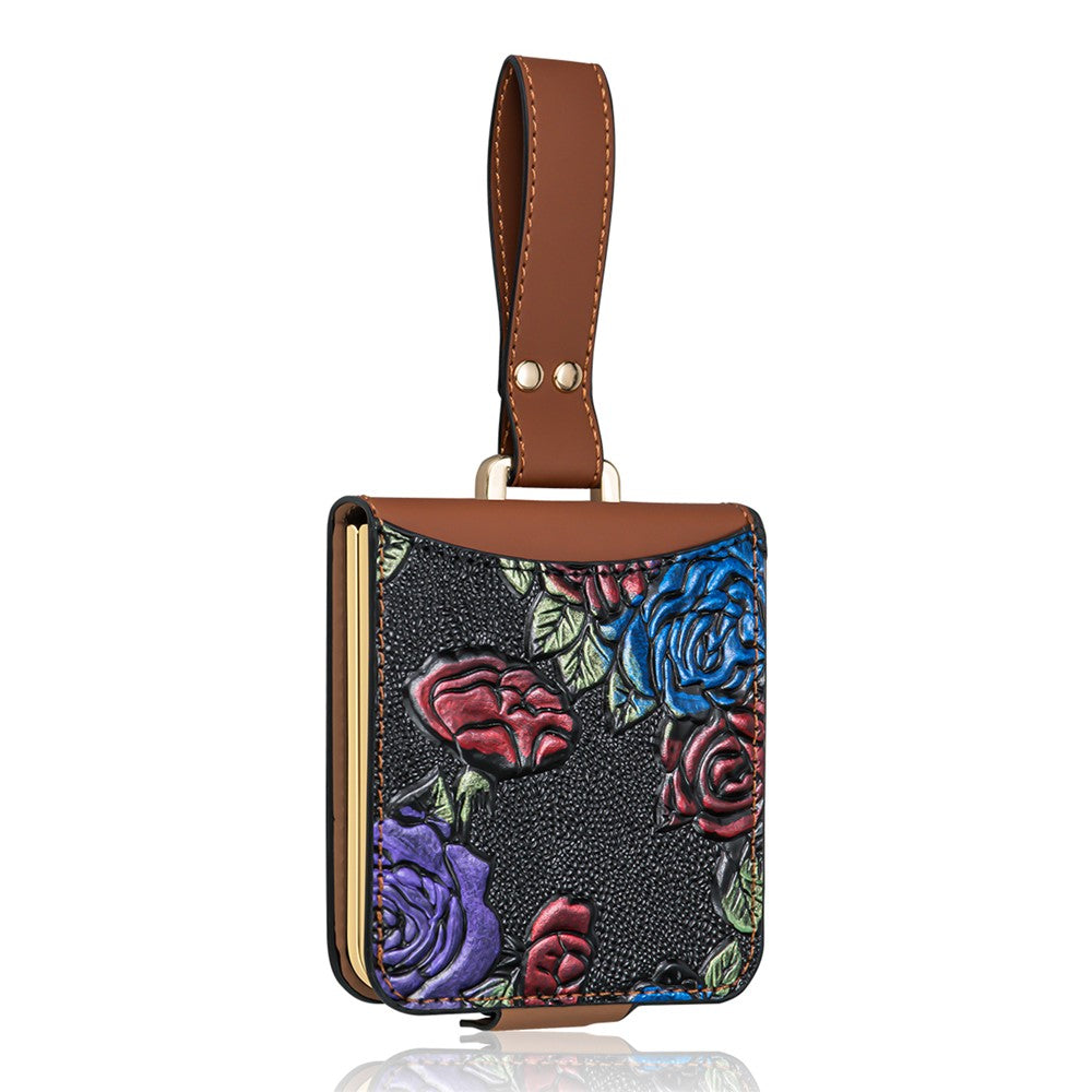 For Samsung Galaxy Z Flip7 5G Kickstand Case Flower Pattern Leather+PC Phone Cover with Back Film - Brown