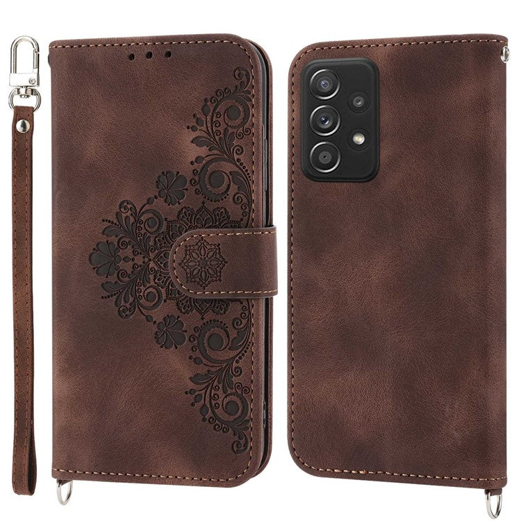 For Samsung Galaxy A33 5G Wallet Design Skin-touch Imprinted Flowers Pattern Leather Case Stand Phone Cover with Wrist Strap and Shoulder Strap - Brown