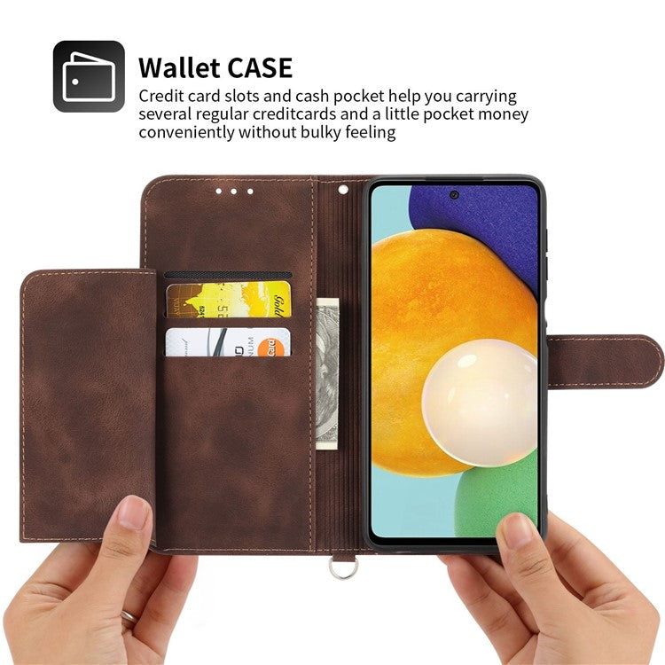 For Samsung Galaxy A33 5G Wallet Design Skin-touch Imprinted Flowers Pattern Leather Case Stand Phone Cover with Wrist Strap and Shoulder Strap - Brown