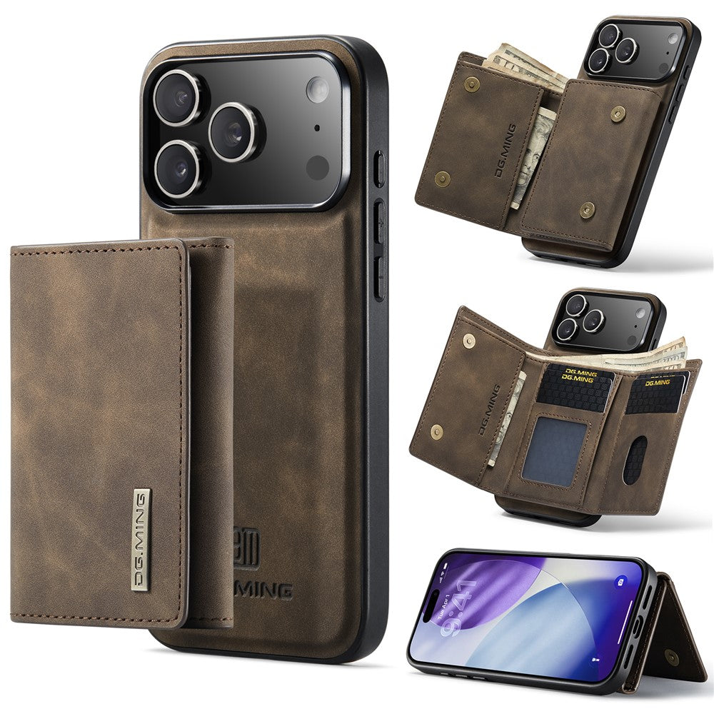 DG.MING M1 Series for iPhone 17 Pro Max Case Kickstand PU Phone Cover with Detachable Wallet - Coffee