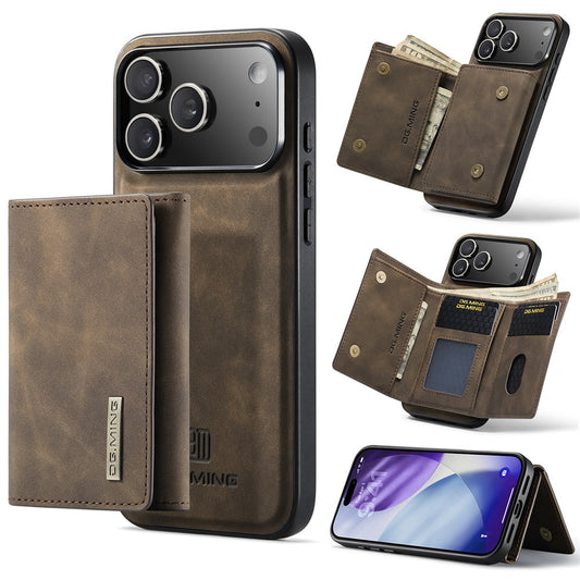 DG.MING M1 Series for iPhone 17 Pro Max Case Kickstand PU Phone Cover with Detachable Wallet - Coffee
