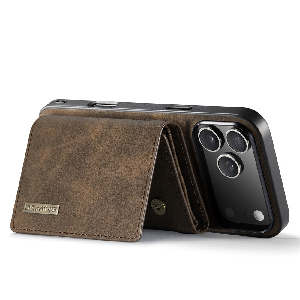 DG.MING M1 Series for iPhone 17 Pro Max Case Kickstand PU Phone Cover with Detachable Wallet - Coffee