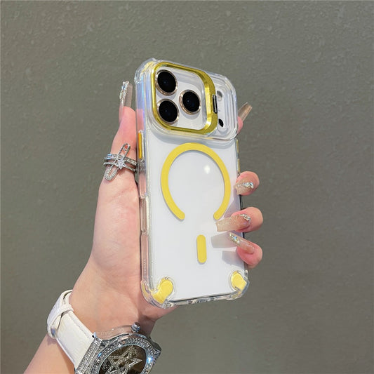 For iPhone 17 Pro Max Magnetic Case TPU PC Clear Kickstand Phone Cover with Tempered Glass Lens Films - Yellow