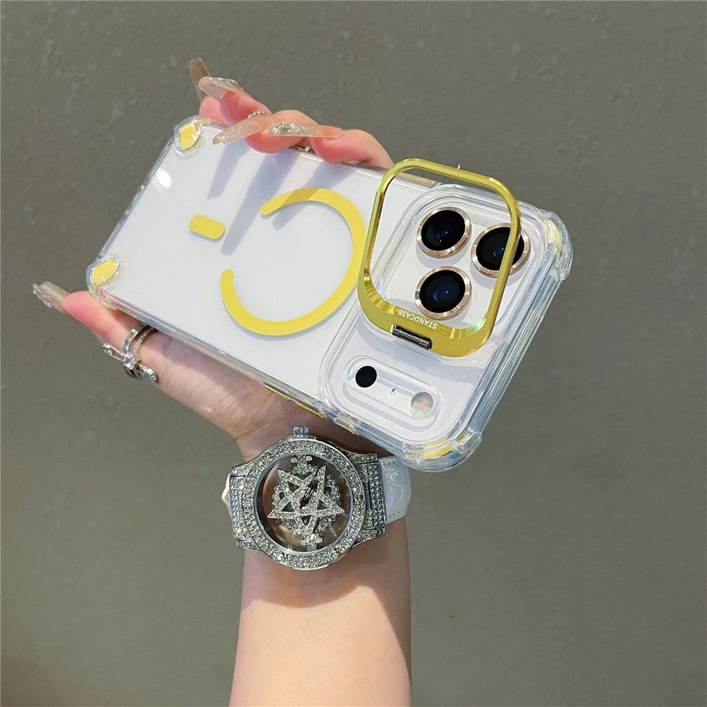 For iPhone 17 Pro Max Magnetic Case TPU PC Clear Kickstand Phone Cover with Tempered Glass Lens Films - Yellow