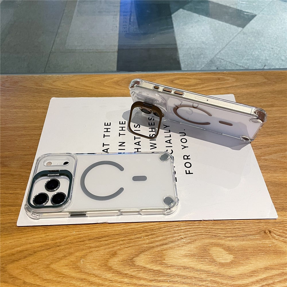 For iPhone 17 Pro Max Magnetic Case TPU PC Clear Kickstand Phone Cover with Tempered Glass Lens Films - Yellow