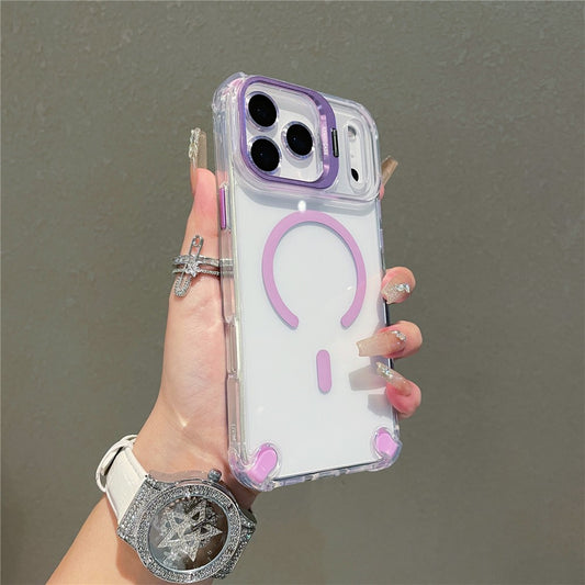 For iPhone 17 Pro Max Magnetic Case TPU PC Clear Kickstand Phone Cover with Tempered Glass Lens Films - Light Purple