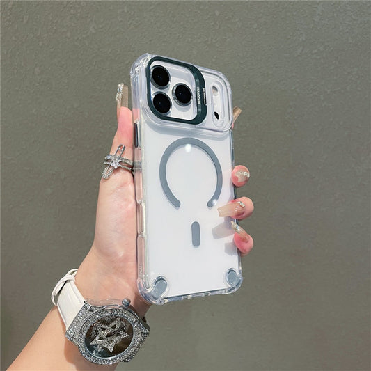 For iPhone 17 Pro Max Magnetic Case TPU PC Clear Kickstand Phone Cover with Tempered Glass Lens Films - Titanium Grey