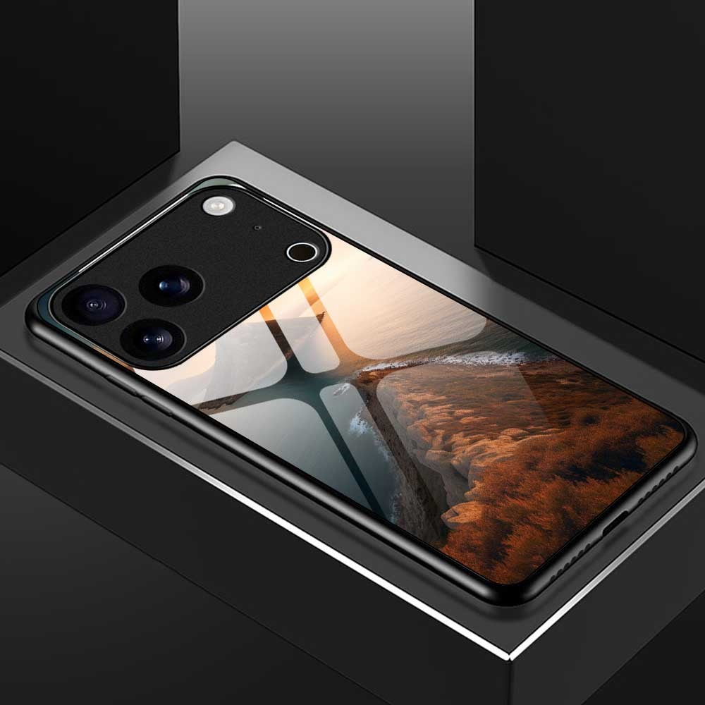 For iPhone 17 Pro Max Case PC TPU Tempered Glass Pattern Printing Shockproof Phone Back Cover - B0337