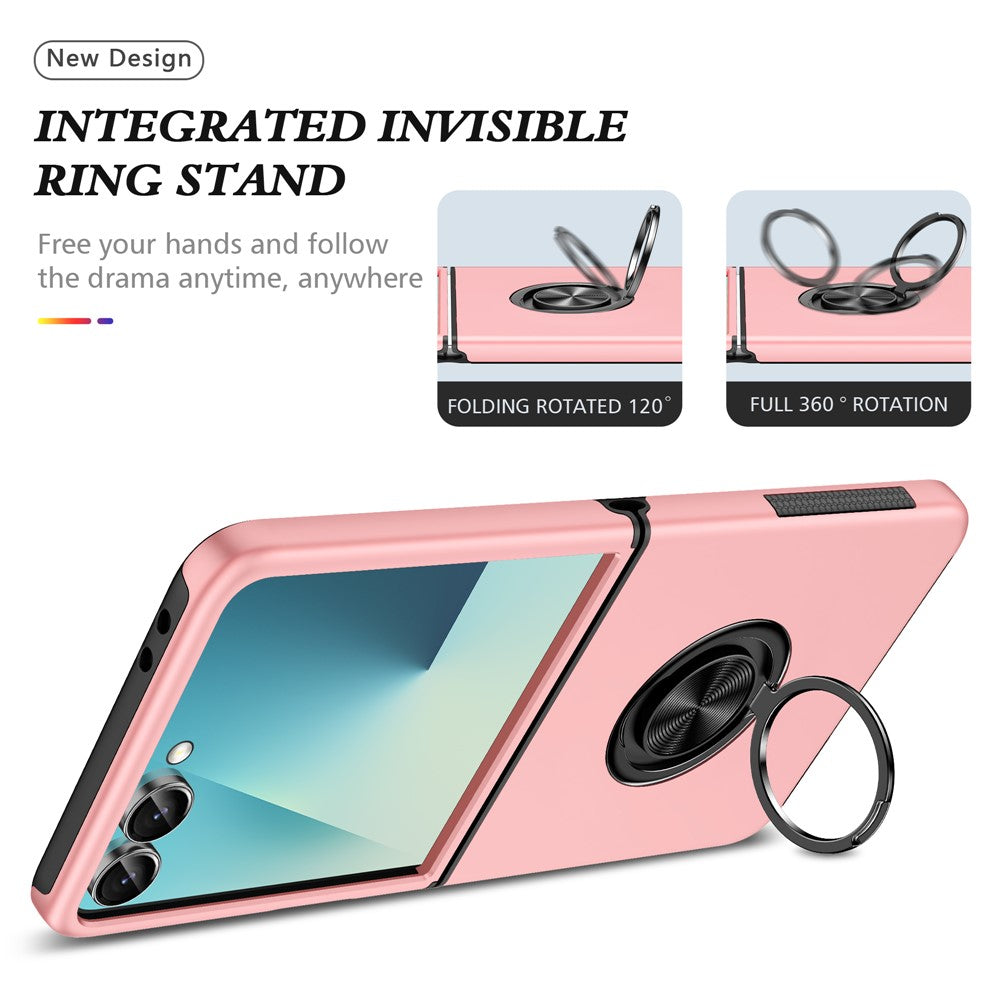 For Samsung Galaxy Z Flip7 5G Case PC + TPU Phone Cover with Rotatable Ring Holder - Rose Gold