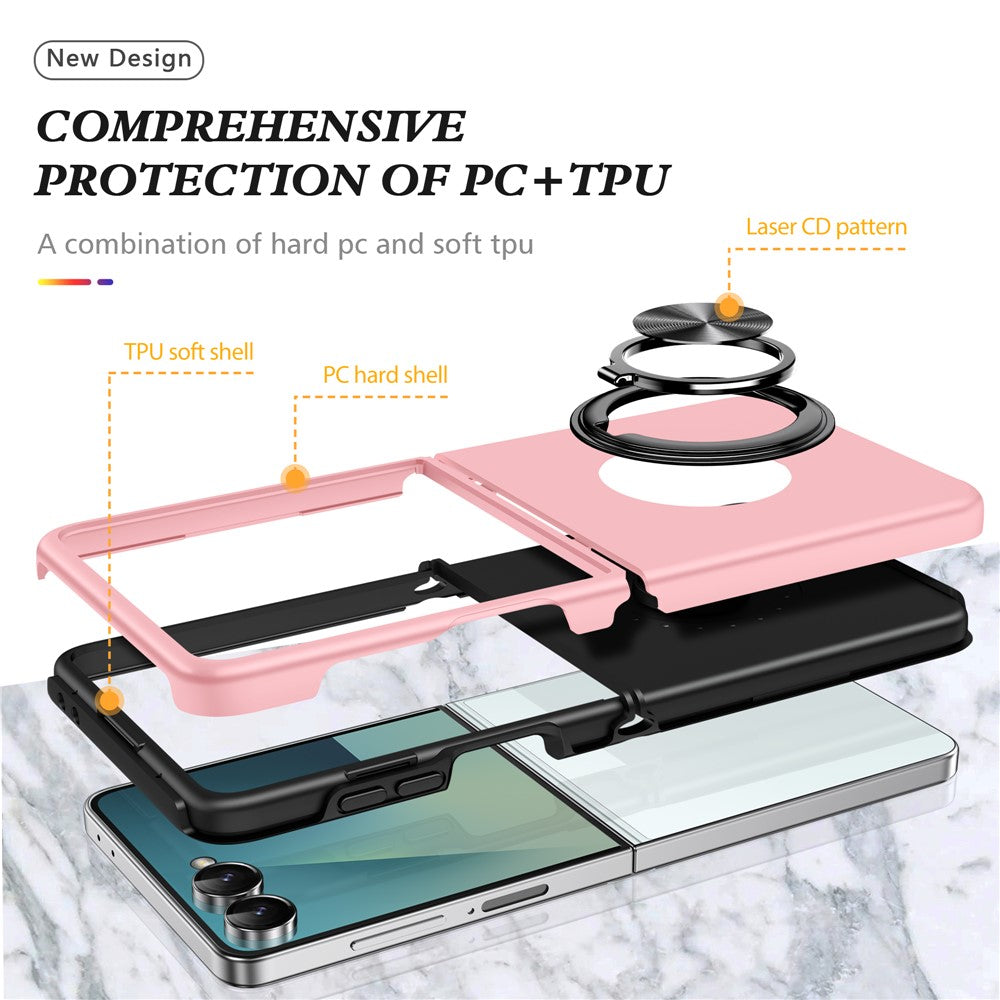 For Samsung Galaxy Z Flip7 5G Case PC + TPU Phone Cover with Rotatable Ring Holder - Rose Gold