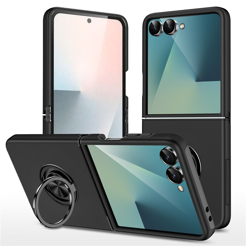 For Samsung Galaxy Z Flip7 5G Case PC + TPU Phone Cover with Rotatable Ring Holder - Black