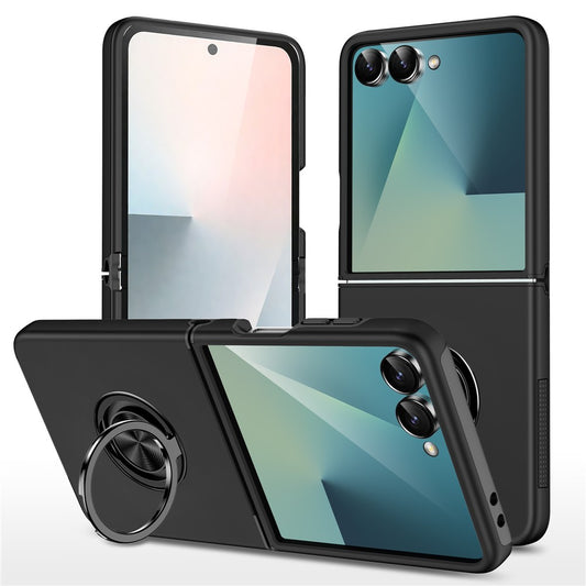 For Samsung Galaxy Z Flip7 5G Case PC + TPU Phone Cover with Rotatable Ring Holder - Black