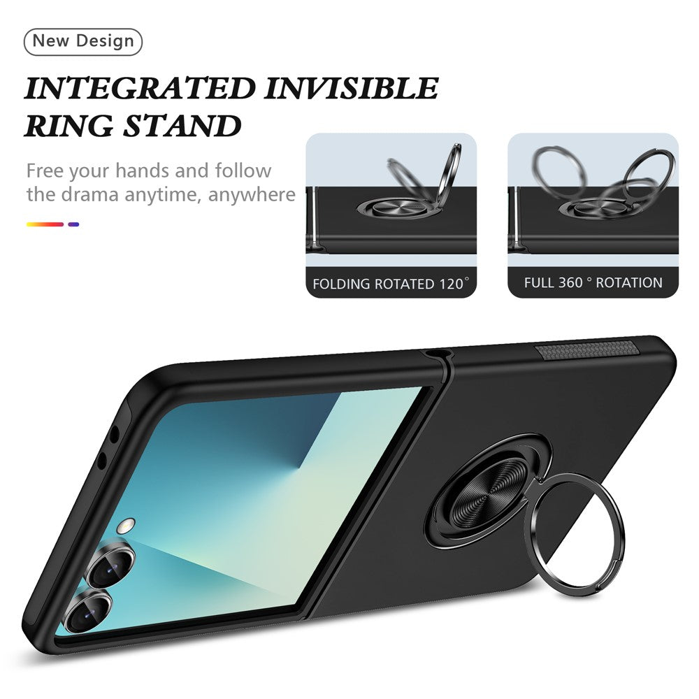 For Samsung Galaxy Z Flip7 5G Case PC + TPU Phone Cover with Rotatable Ring Holder - Black