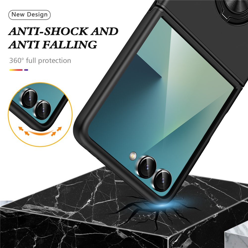 For Samsung Galaxy Z Flip7 5G Case PC + TPU Phone Cover with Rotatable Ring Holder - Black