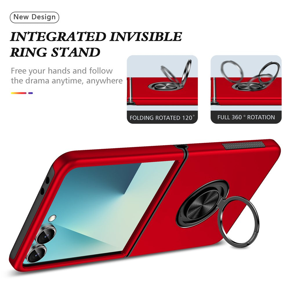 For Samsung Galaxy Z Flip7 5G Case PC + TPU Phone Cover with Rotatable Ring Holder - Red