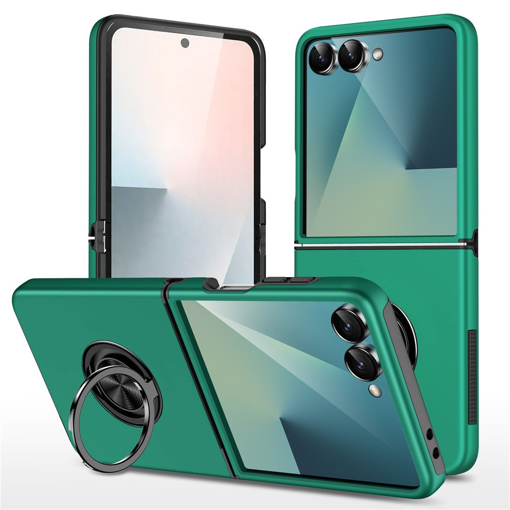 For Samsung Galaxy Z Flip7 5G Case PC + TPU Phone Cover with Rotatable Ring Holder - Blackish Green