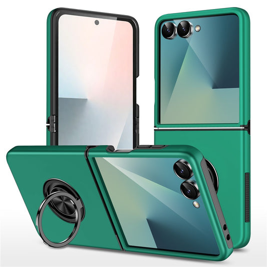 For Samsung Galaxy Z Flip7 5G Case PC + TPU Phone Cover with Rotatable Ring Holder - Blackish Green