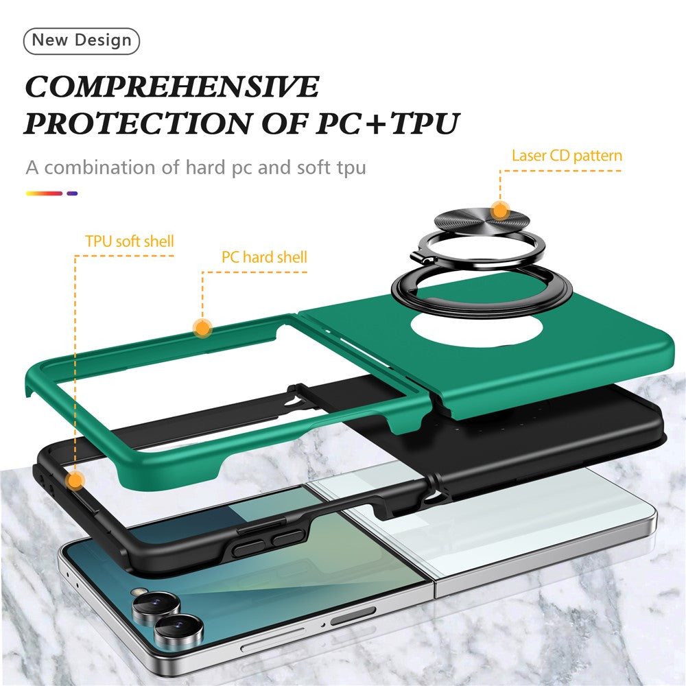 For Samsung Galaxy Z Flip7 5G Case PC + TPU Phone Cover with Rotatable Ring Holder - Blackish Green
