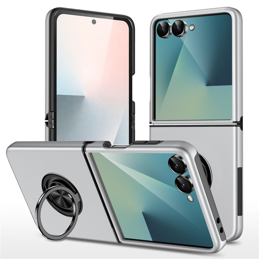 For Samsung Galaxy Z Flip7 5G Case PC + TPU Phone Cover with Rotatable Ring Holder - Silver