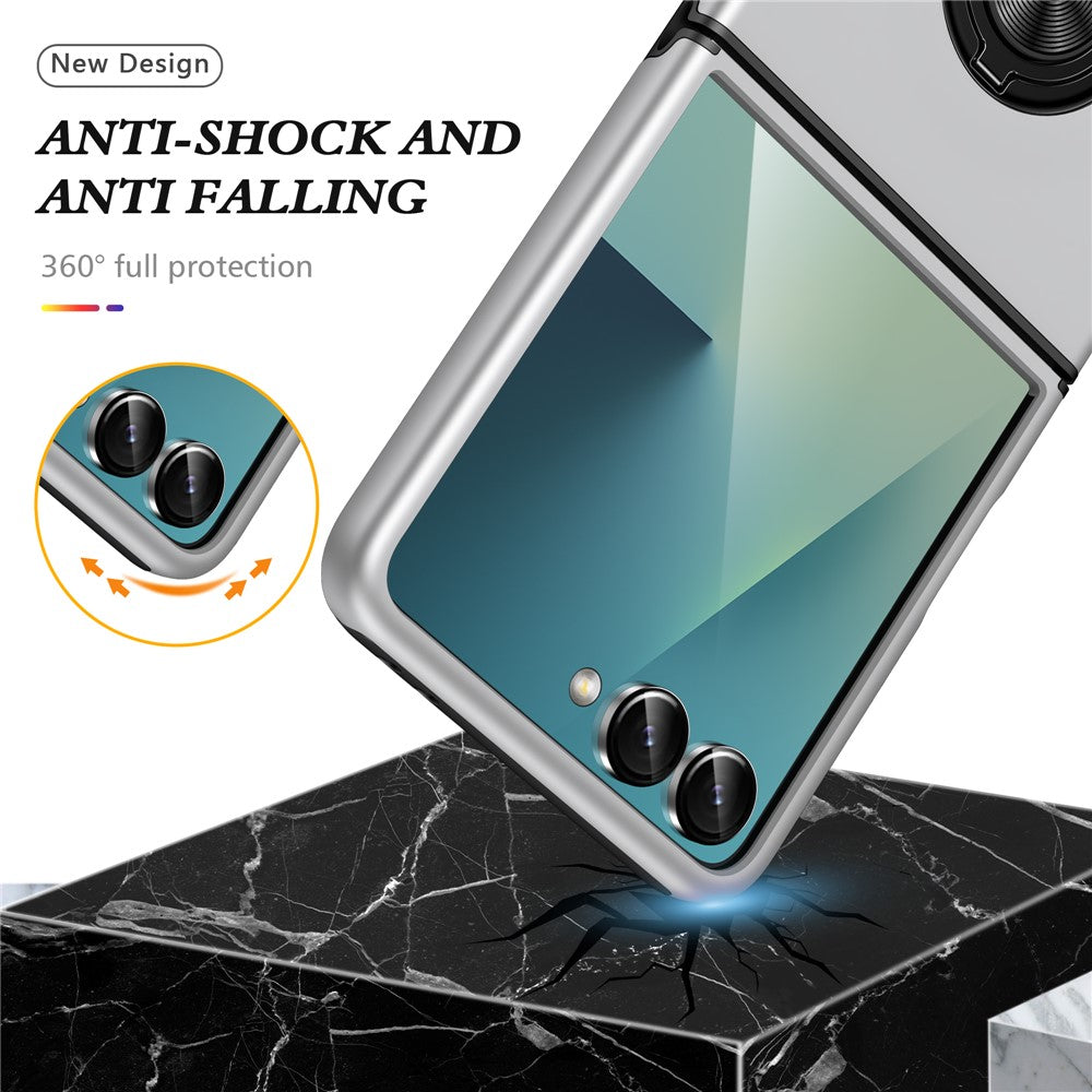 For Samsung Galaxy Z Flip7 5G Case PC + TPU Phone Cover with Rotatable Ring Holder - Silver