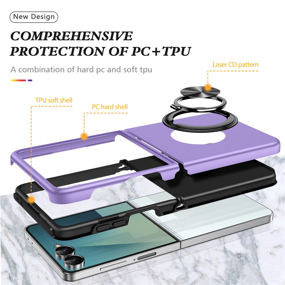 For Samsung Galaxy Z Flip7 5G Case PC + TPU Phone Cover with Rotatable Ring Holder - Purple
