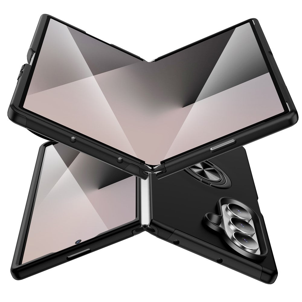 For Samsung Galaxy Z Fold7 5G Case PC + TPU Phone Cover with Rotatable Ring Holder - Black