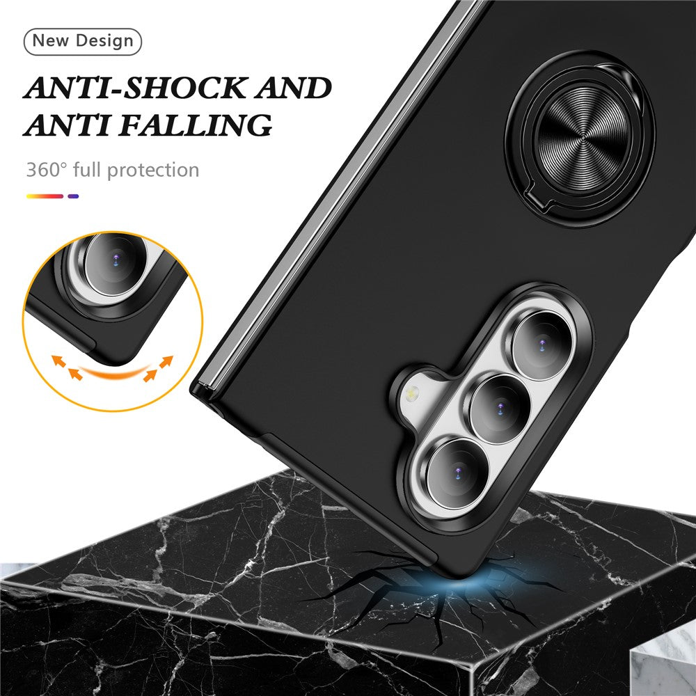 For Samsung Galaxy Z Fold7 5G Case PC + TPU Phone Cover with Rotatable Ring Holder - Black