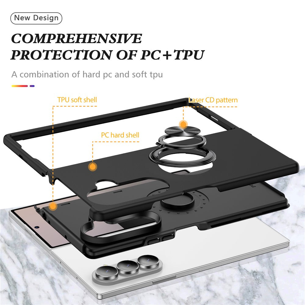 For Samsung Galaxy Z Fold7 5G Case PC + TPU Phone Cover with Rotatable Ring Holder - Black