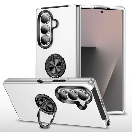 For Samsung Galaxy Z Fold7 5G Case PC + TPU Phone Cover with Rotatable Ring Holder - Silver