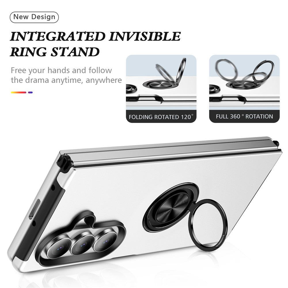 For Samsung Galaxy Z Fold7 5G Case PC + TPU Phone Cover with Rotatable Ring Holder - Silver