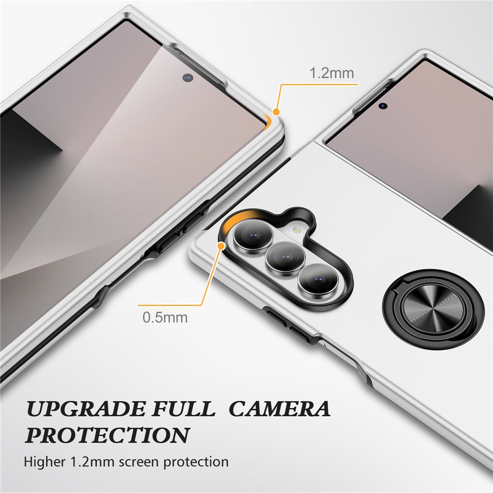 For Samsung Galaxy Z Fold7 5G Case PC + TPU Phone Cover with Rotatable Ring Holder - Silver