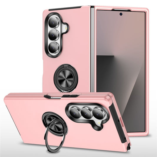 For Samsung Galaxy Z Fold7 5G Case PC + TPU Phone Cover with Rotatable Ring Holder - Rose Gold