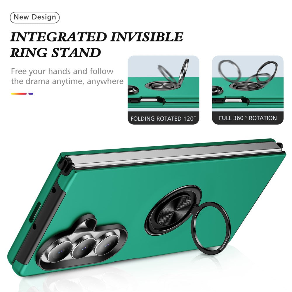 For Samsung Galaxy Z Fold7 5G Case PC + TPU Phone Cover with Rotatable Ring Holder - Blackish Green