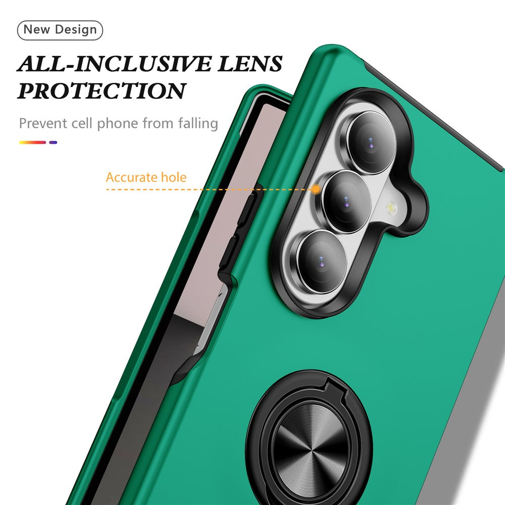 For Samsung Galaxy Z Fold7 5G Case PC + TPU Phone Cover with Rotatable Ring Holder - Blackish Green