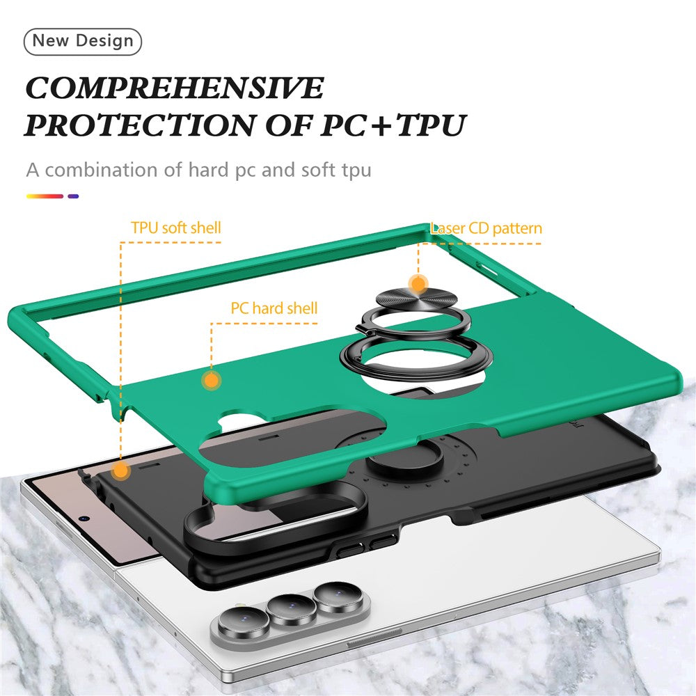 For Samsung Galaxy Z Fold7 5G Case PC + TPU Phone Cover with Rotatable Ring Holder - Blackish Green