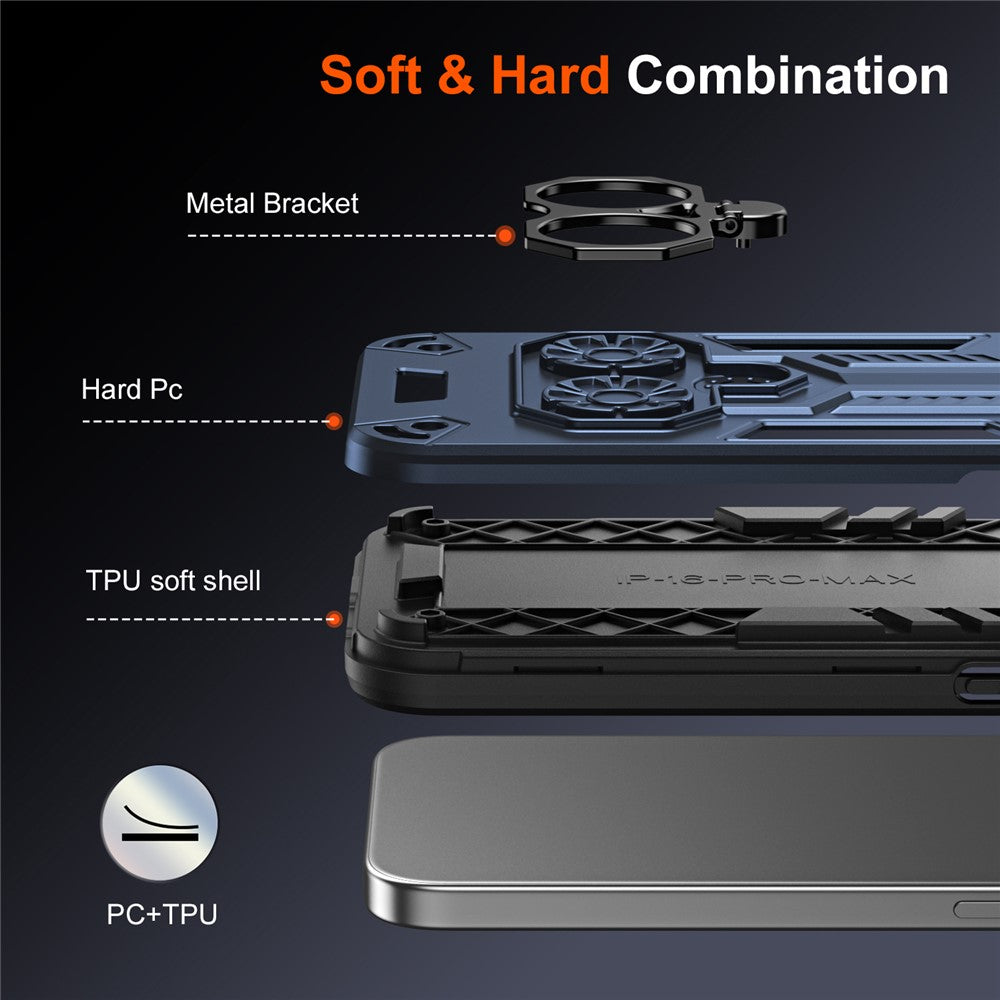 For iPhone 17 Pro Max Case Ring Holder Kickstand PC + TPU Shockproof Phone Cover - Navy Blue