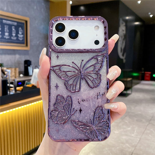 For iPhone 17 Pro Max Case 3D Butterfly TPU Phone Cover with Gradient Glitter Paper - Purple