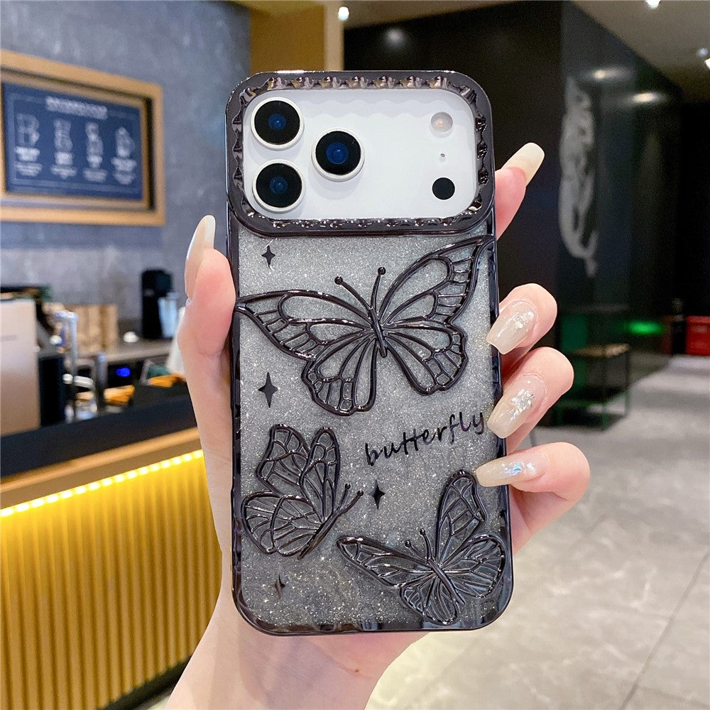 For iPhone 17 Pro Max Case 3D Butterfly TPU Phone Cover with Gradient Glitter Paper - Black