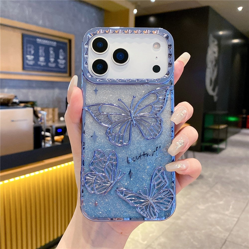 For iPhone 17 Pro Max Case 3D Butterfly TPU Phone Cover with Gradient Glitter Paper - Blue