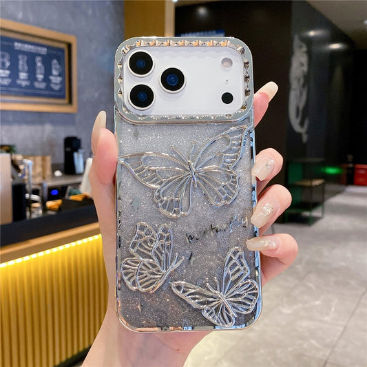 For iPhone 17 Pro Max Case 3D Butterfly TPU Phone Cover with Gradient Glitter Paper - Silver