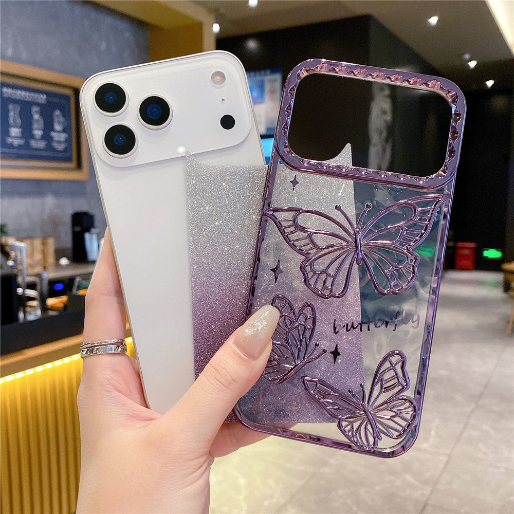For iPhone 17 Pro Max Case 3D Butterfly TPU Phone Cover with Gradient Glitter Paper - Gold