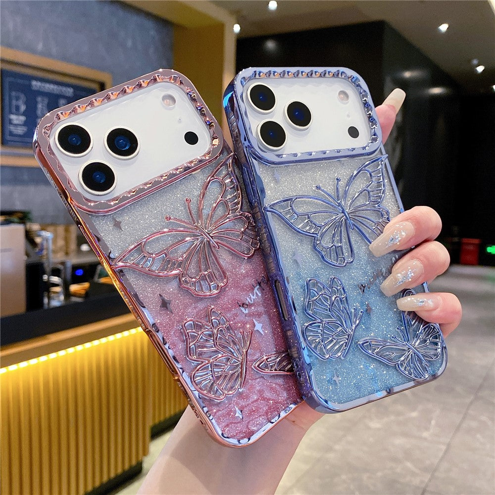 For iPhone 17 Pro Max Case 3D Butterfly TPU Phone Cover with Gradient Glitter Paper - Gold