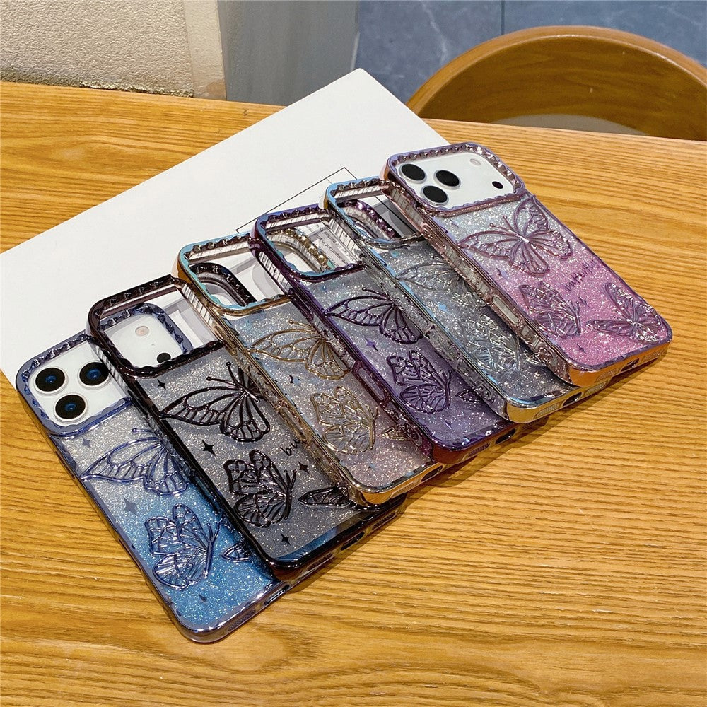For iPhone 17 Pro Max Case 3D Butterfly TPU Phone Cover with Gradient Glitter Paper - Gold