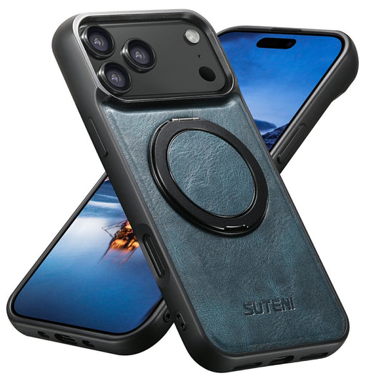 SUTENI G3 For iPhone 17 Pro Max Case Compatible with MagSafe Waxy Texture Rotating Kickstand Leather Phone Back Cover - Blue