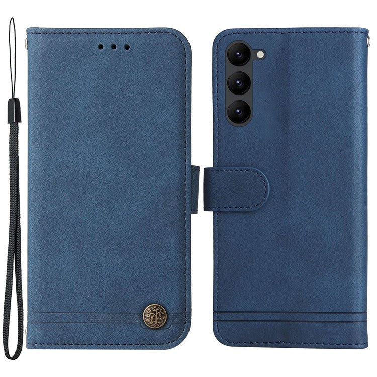 For Samsung Galaxy S23 Scratch-resistant Flip Leather Wallet Case Stand Tree Pattern Metal Button Lines Imprinted Skin-touch Protective Phone Cover with Strap - Blue